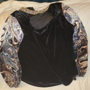 2x top black velvet with patterned sleeve unbranded